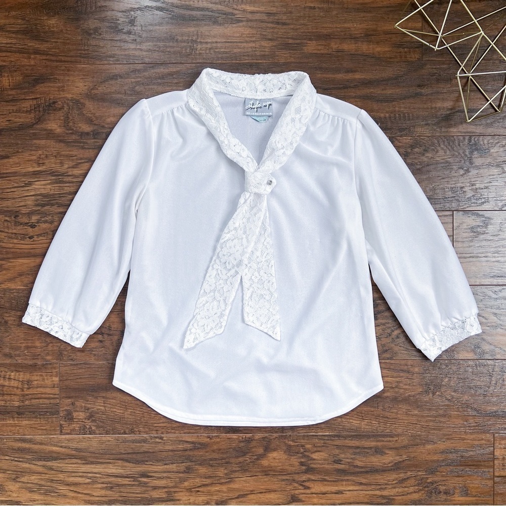 vintage • 70s blouse white lace jabot tie collar secretary polyester popover